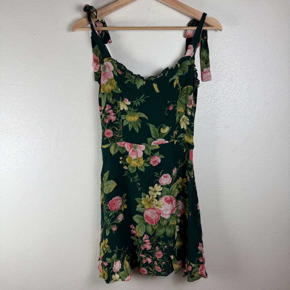 Reformation Green Floral Tie Strap Ruffle Mini Dress Size 6 Smocked Back